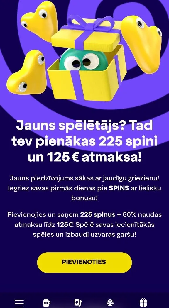 Spins iepazīšanās piedāvājums — ekrānuzņēmums no Spins oficiālās vietnes